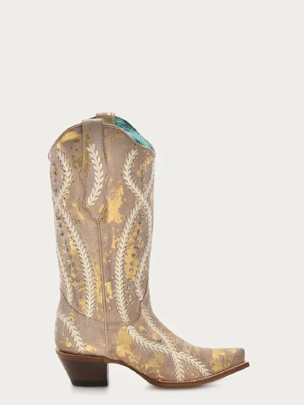 Corral Womens Crystal Embroidery Stud Snip Tan/Gold Cowhide 13in Cowboy Boots