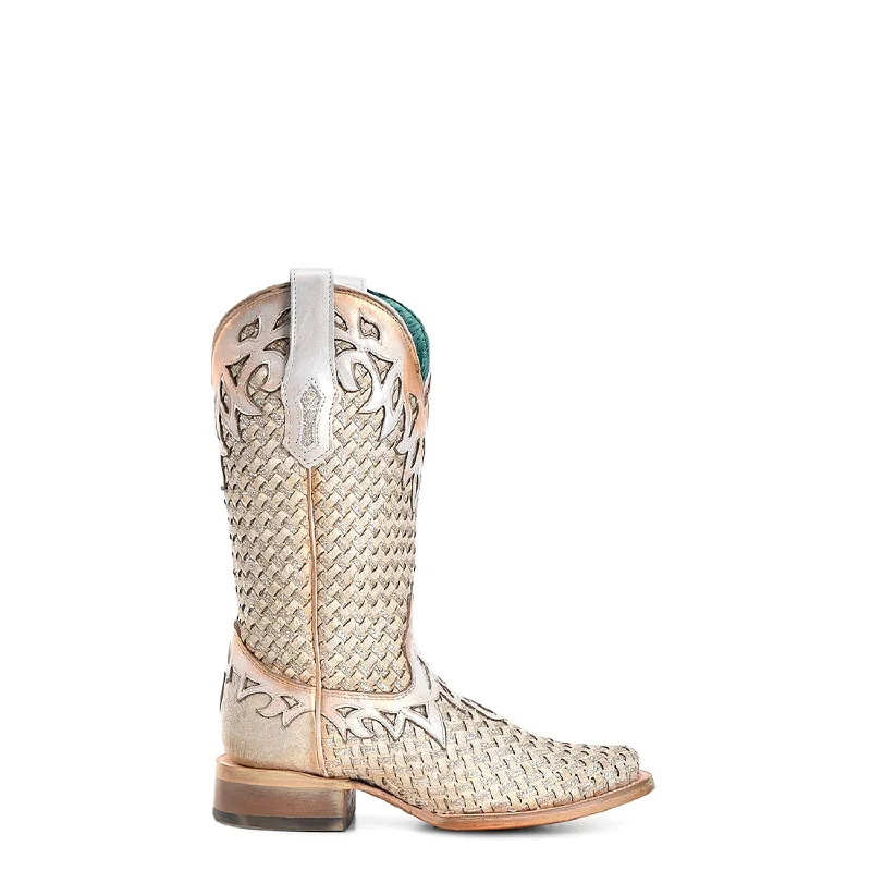 Corral Womens Glitter Woven Overlay White Cowhide 12in Cowboy Boots