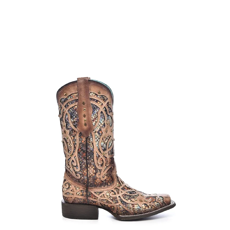 Corral Womens Glittered Inlay Studs Bone/Multi Cowhide Cowboy Boots