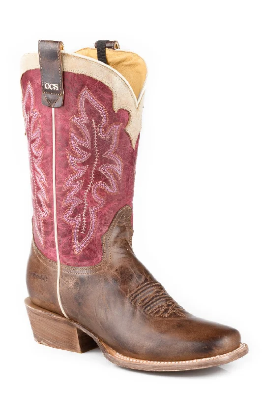 Roper Womens Ride Em Cowgirl CCS Brown/Purple Leather Cowboy Boots