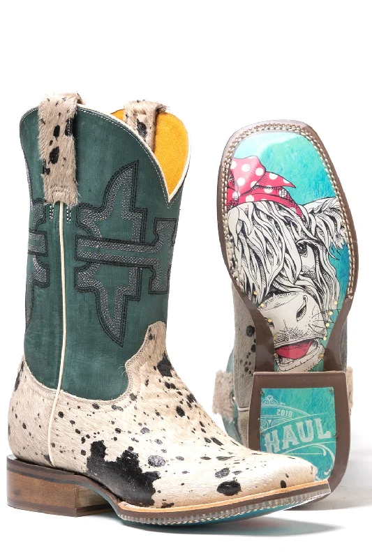 Tin Haul Womens Shaggy Spot White/Turquoise Leather Cowboy Boots