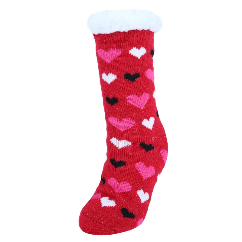 Women's Plush Sherpa Winter Fleece Lined Hearts Slipper Socks